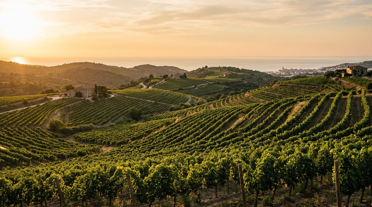 Viñedos de la Denominación de Origen Garraf con copas de vino