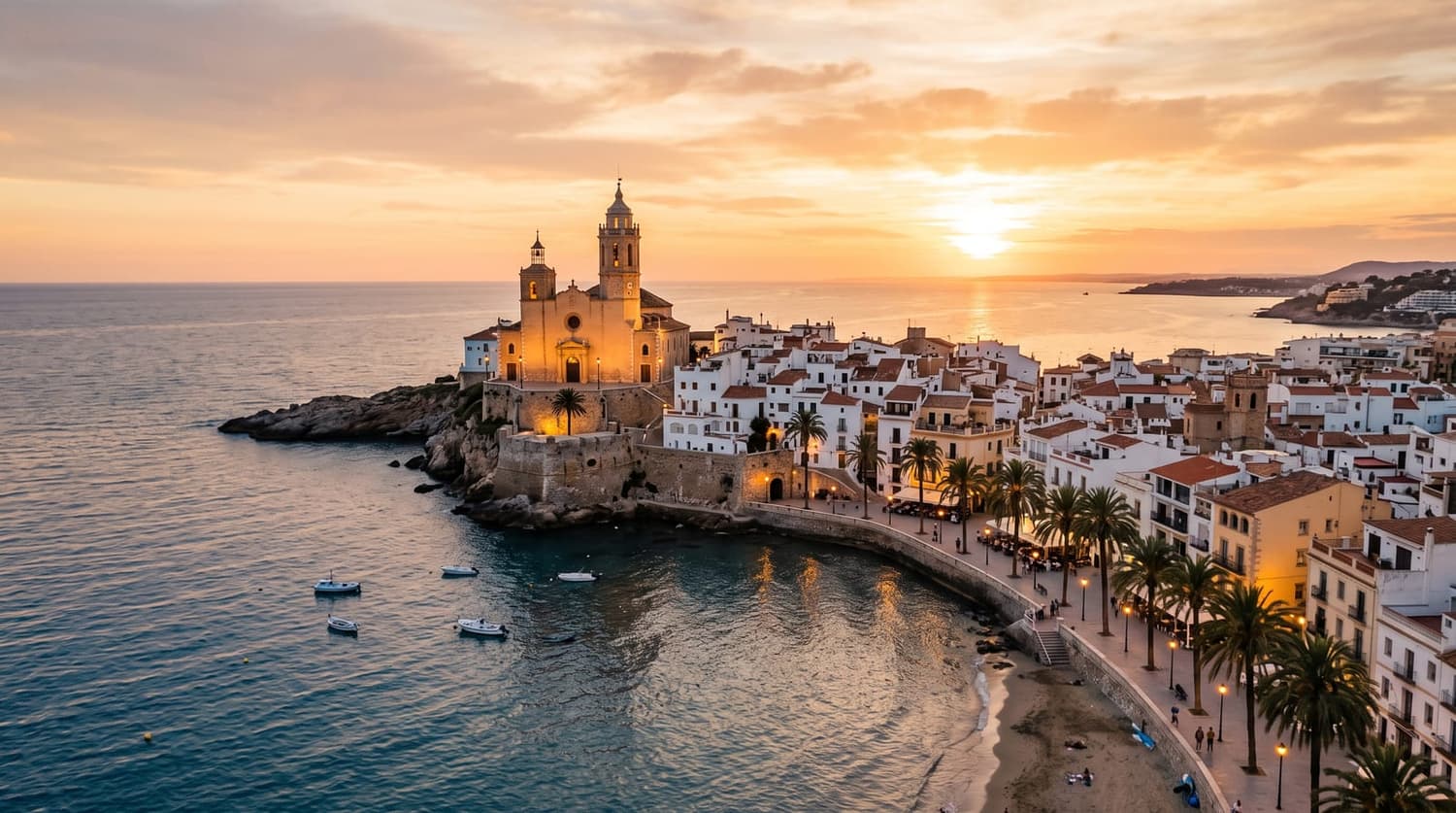 Iglesia de Sitges y casco antiguo junto al mar a la hora dorada